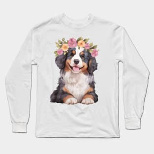 Watercolor Bernese Mountain Dog with Head Wreath Long Sleeve T-Shirt